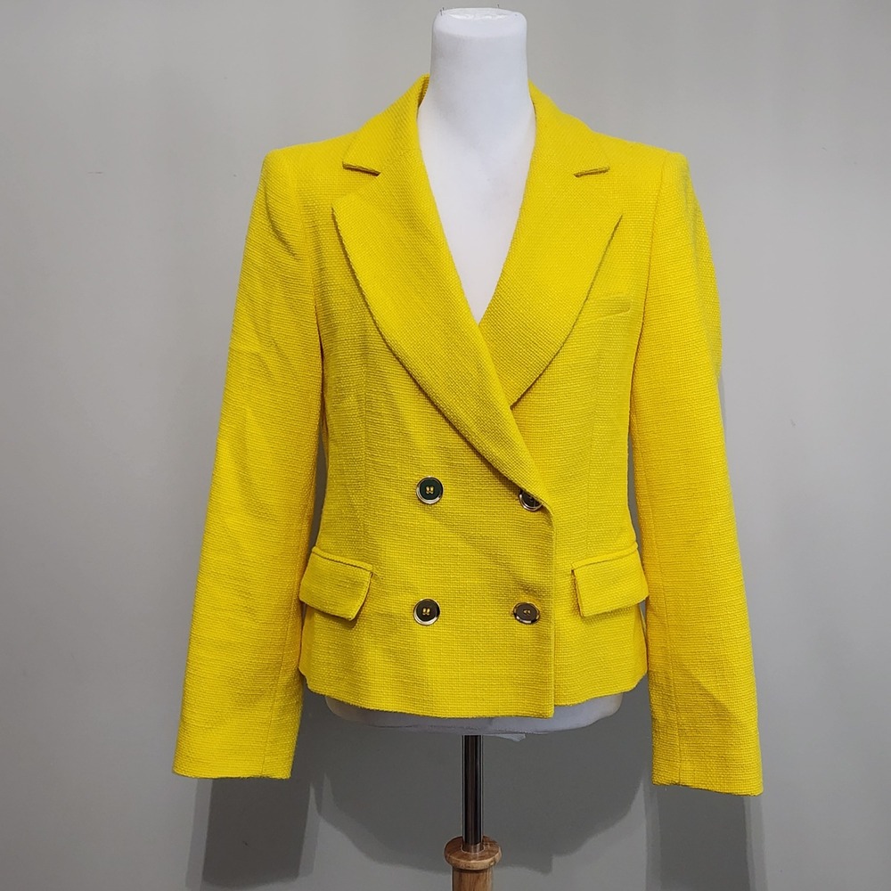 Zara Double Breasted Blazer L Bright Yellow Cotton Business Maximalist Happy